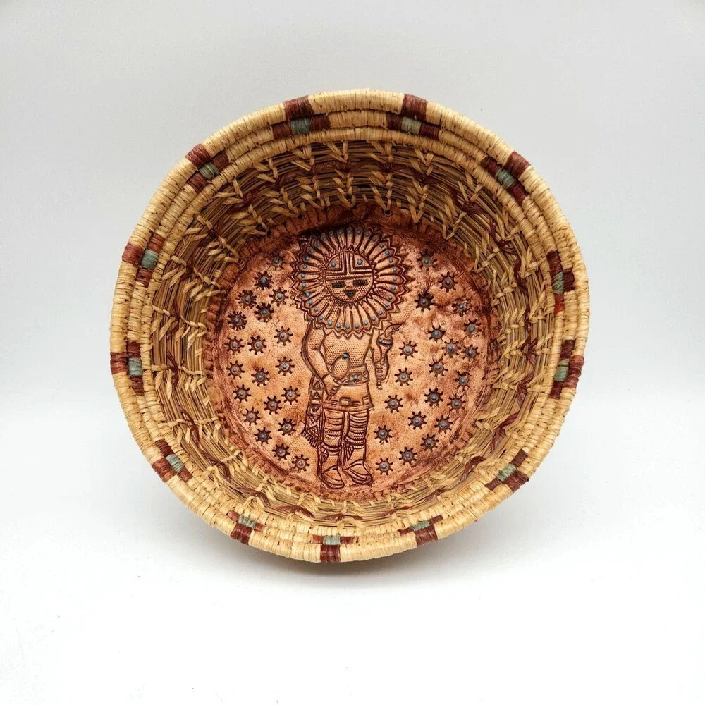 Vtg 2000 Joyce Wenker Handwoven Pine Needle Basket Kachina Clay Base Bowl Signed